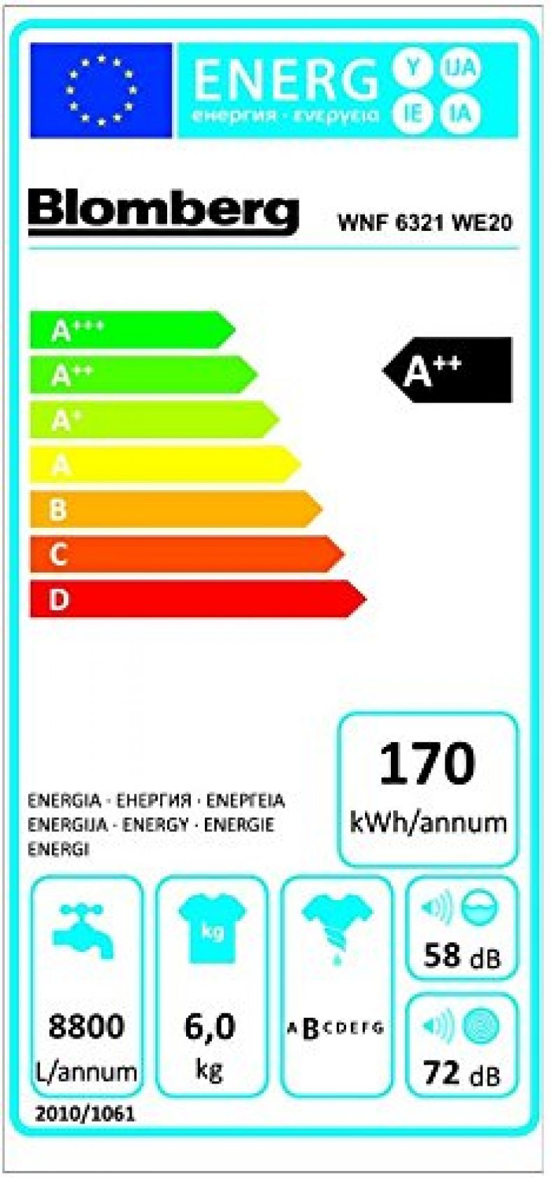 I I Blomberg WNF 6361 WE20 Frontlader Waschmaschine / A++ B / 0.746 KWh ...